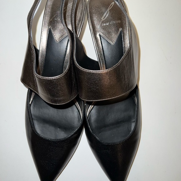 Brian Atwood black/gray metallic leather kitten heel Slingback shoes Sz 10 - Picture 7 of 8